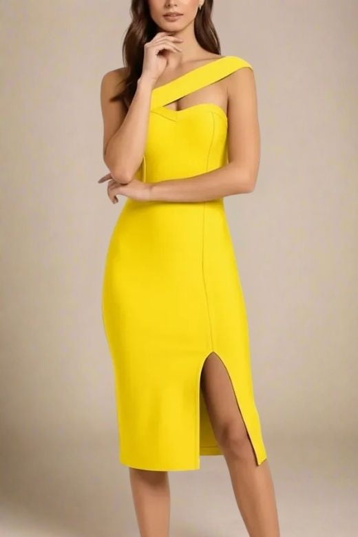 Woman wearing a figure flattering  Gianna Bandage Dress - Sun Yellow BODYCON COLLECTION