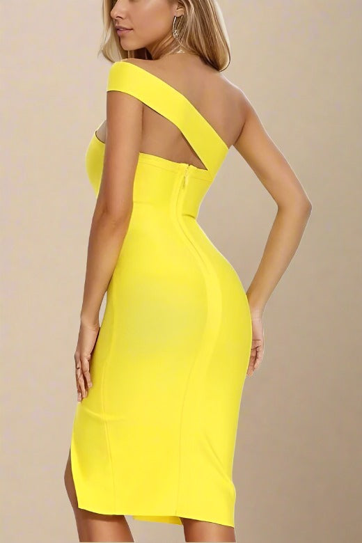 Woman wearing a figure flattering  Gianna Bandage Dress - Sun Yellow BODYCON COLLECTION