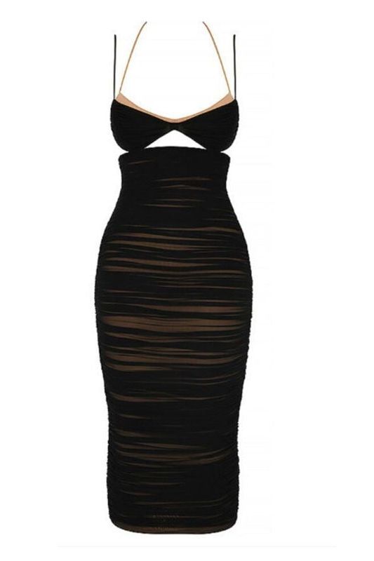 Woman wearing a figure flattering  Giselle Bodycon Wrap Midi Dress - Classic Black BODYCON COLLECTION