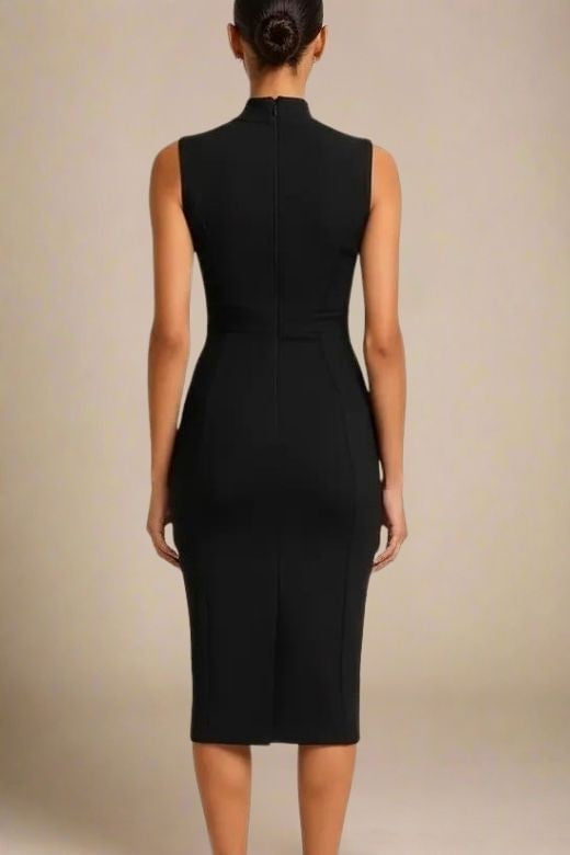 Woman wearing a figure flattering  Grace Bandage Midi Dress - Classic Black Bodycon Collection