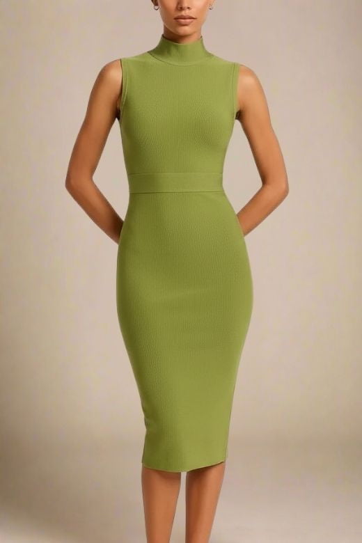 Woman wearing a figure flattering  Grace Bandage Midi Dress - Olive Green Bodycon Collection