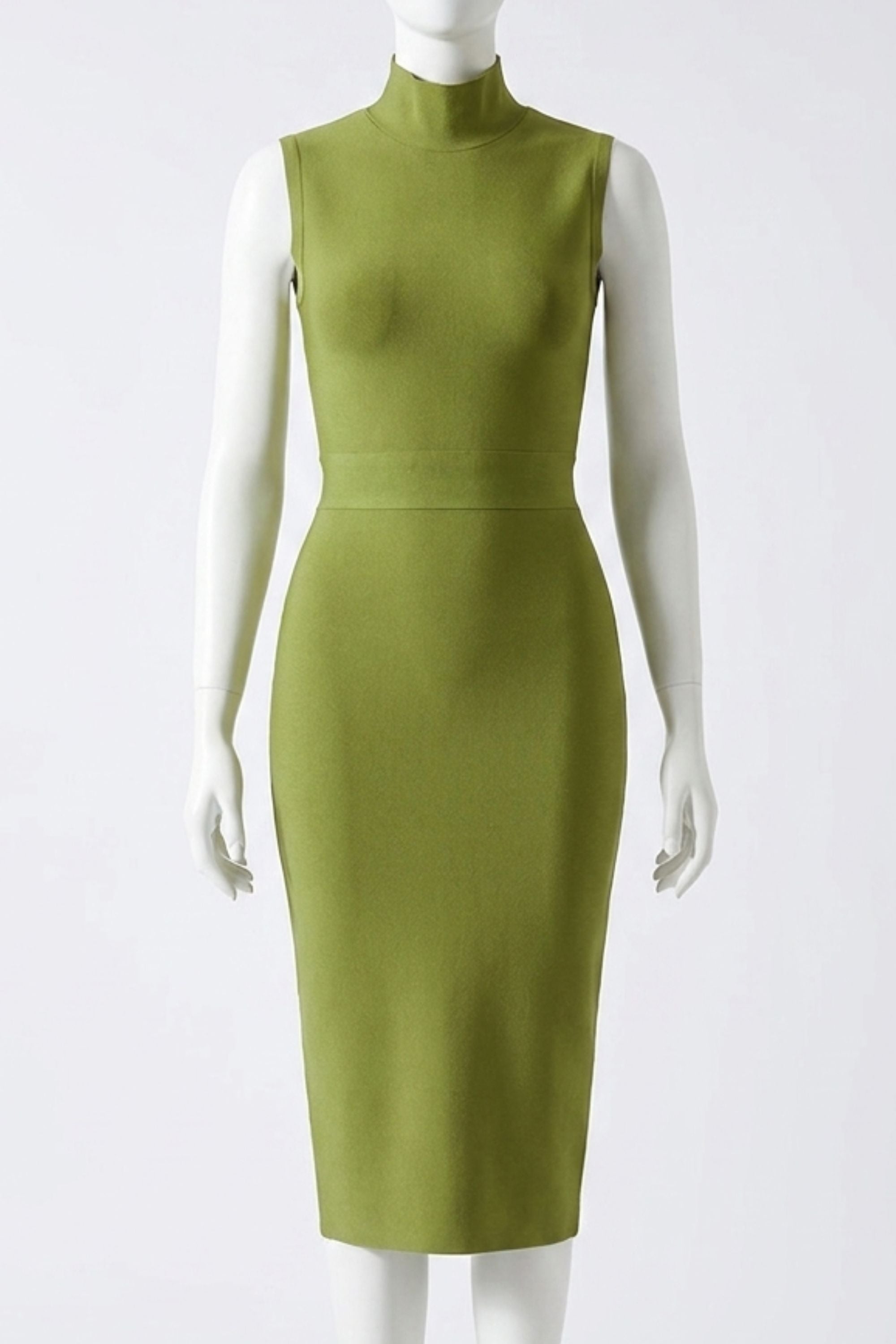 Woman wearing a figure flattering  Grace Bandage Midi Dress - Olive Green Bodycon Collection