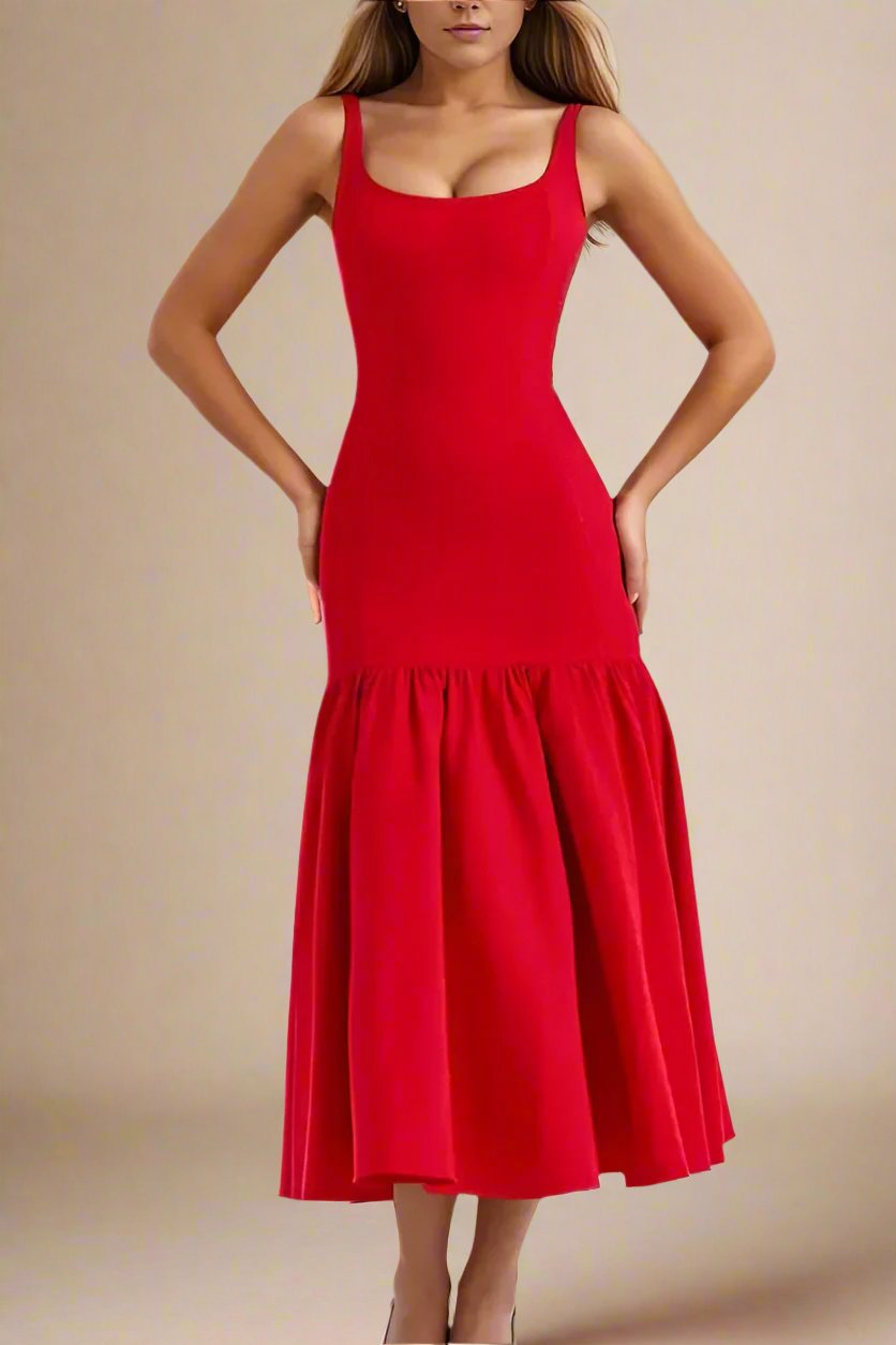 Woman wearing a figure flattering  Harriet Bodycon Midi Dress - Lipstick Red BODYCON COLLECTION