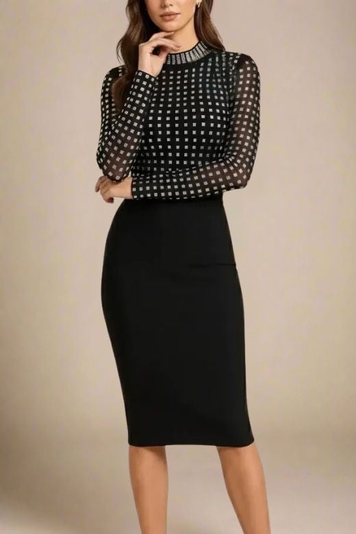 Woman wearing a figure flattering  Hazel Long Sleeve Bodycon Dress - Classic Black BODYCON COLLECTION Pty Ltd