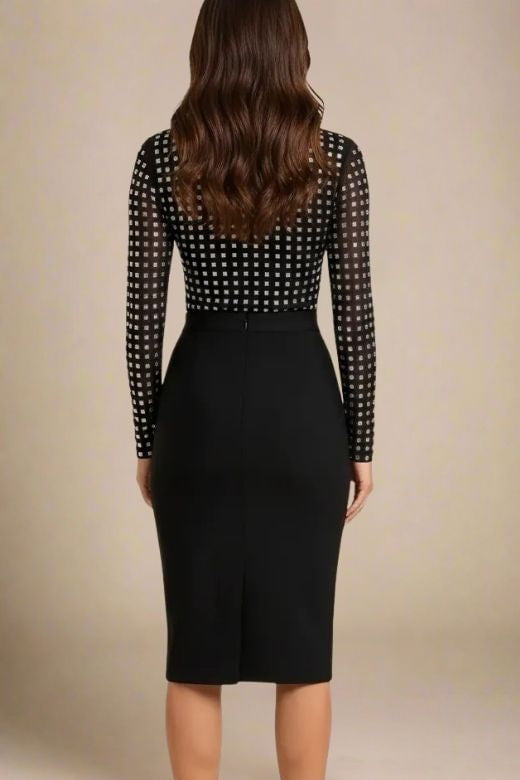 Woman wearing a figure flattering  Hazel Long Sleeve Bodycon Dress - Classic Black BODYCON COLLECTION Pty Ltd