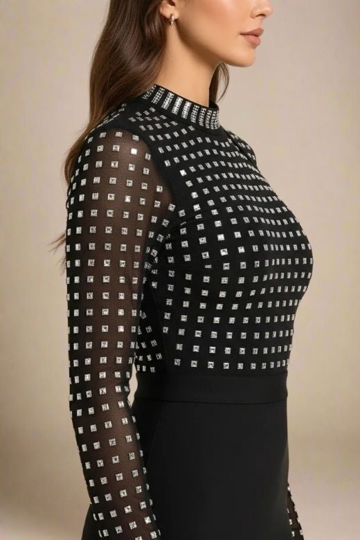 Woman wearing a figure flattering  Hazel Long Sleeve Bodycon Dress - Classic Black BODYCON COLLECTION Pty Ltd