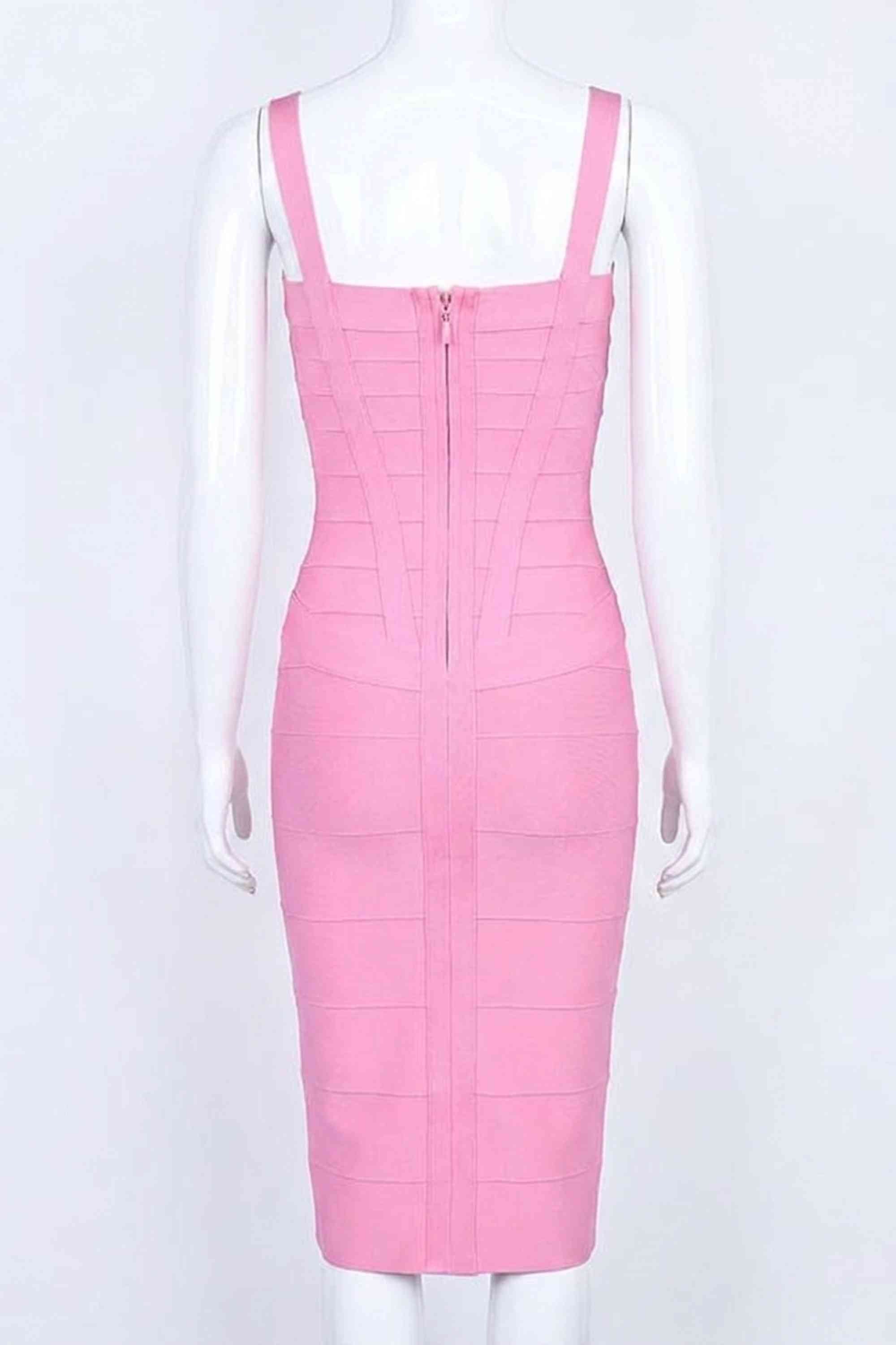 Woman wearing a figure flattering  Heidi Bandage Midi Dress - Dusty Pink Bodycon Collection