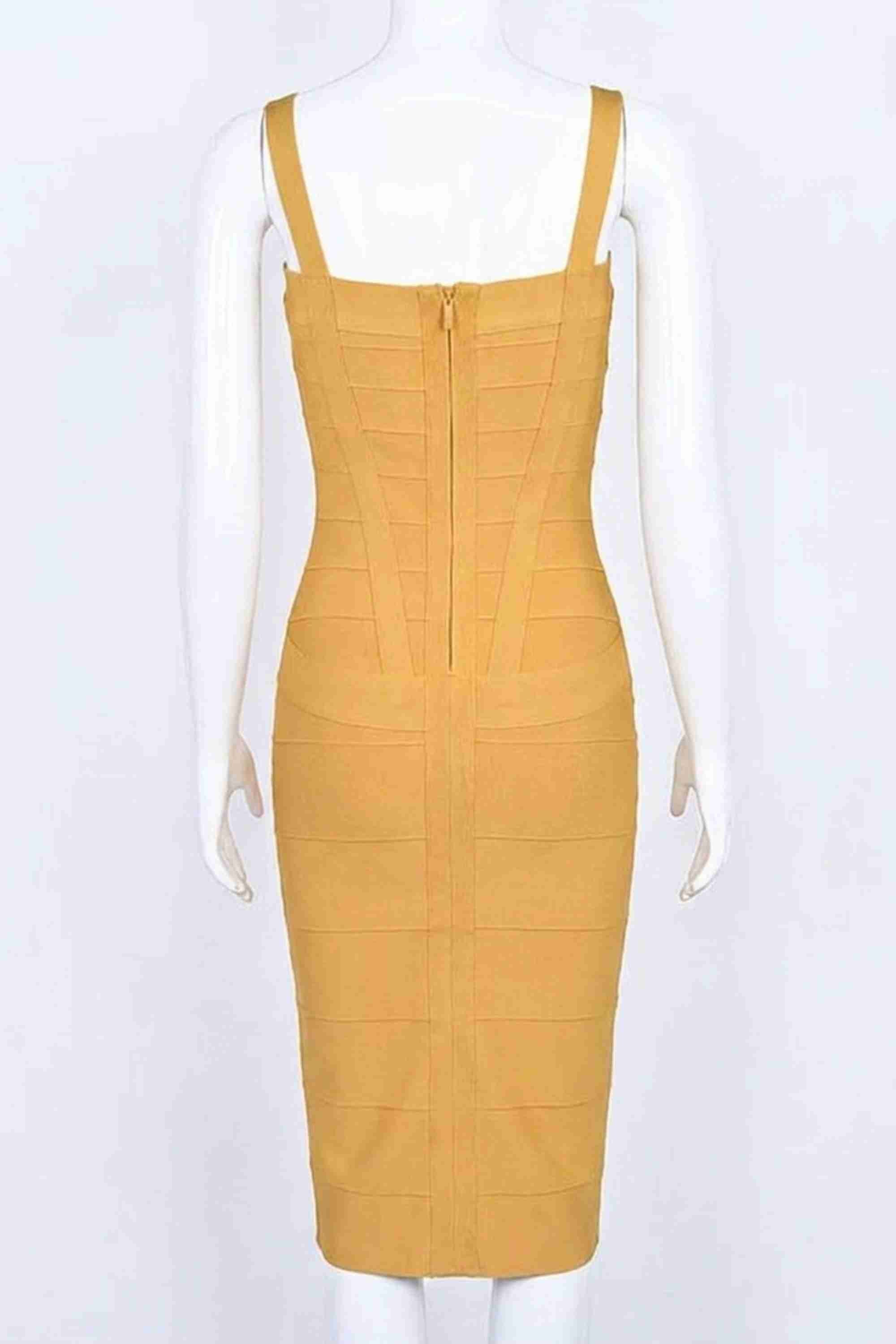 Woman wearing a figure flattering  Heidi Bandage Midi Dress - Mustard Yellow Bodycon Collection