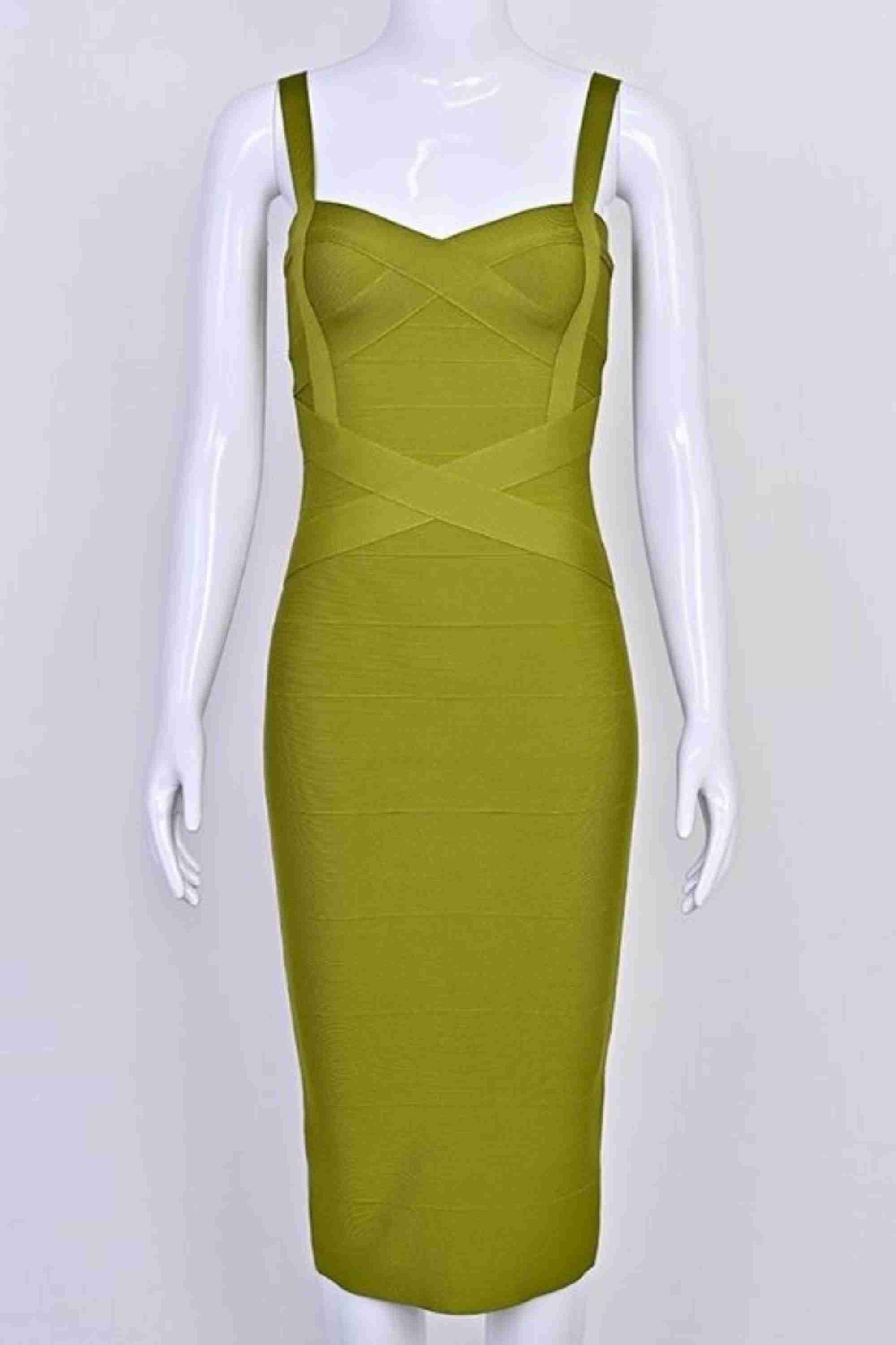 Woman wearing a figure flattering  Heidi Bandage Midi Dress - Olive Green Bodycon Collection