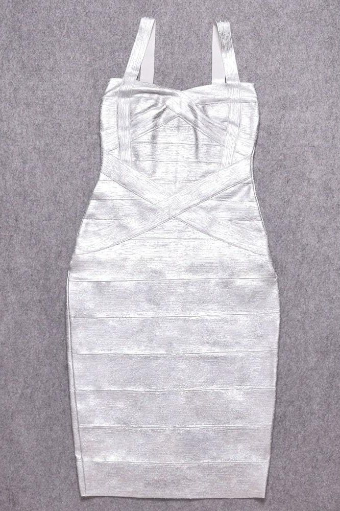 Woman wearing a figure flattering  Heidi Bandage Midi Dress - Silver BODYCON COLLECTION