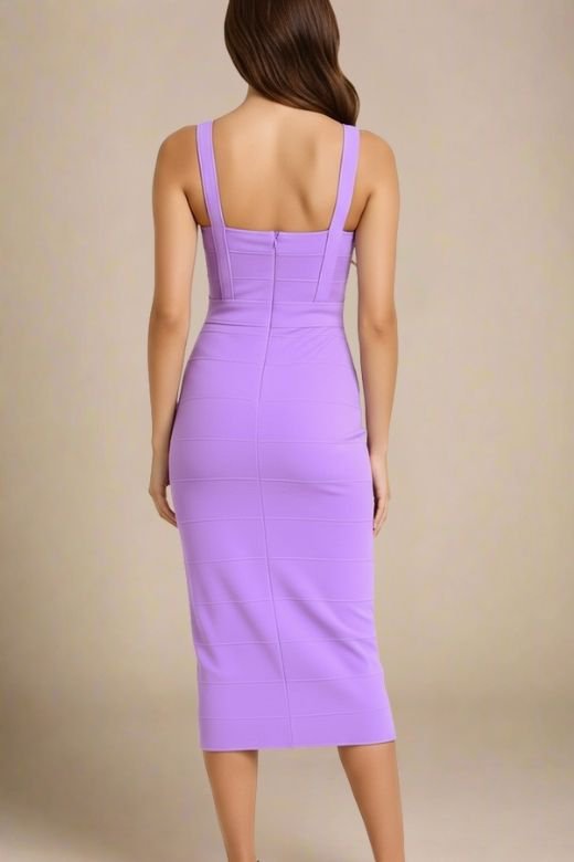 Woman wearing a figure flattering  Heidi Bandage Midi Dress - Violet Purple Bodycon Collection