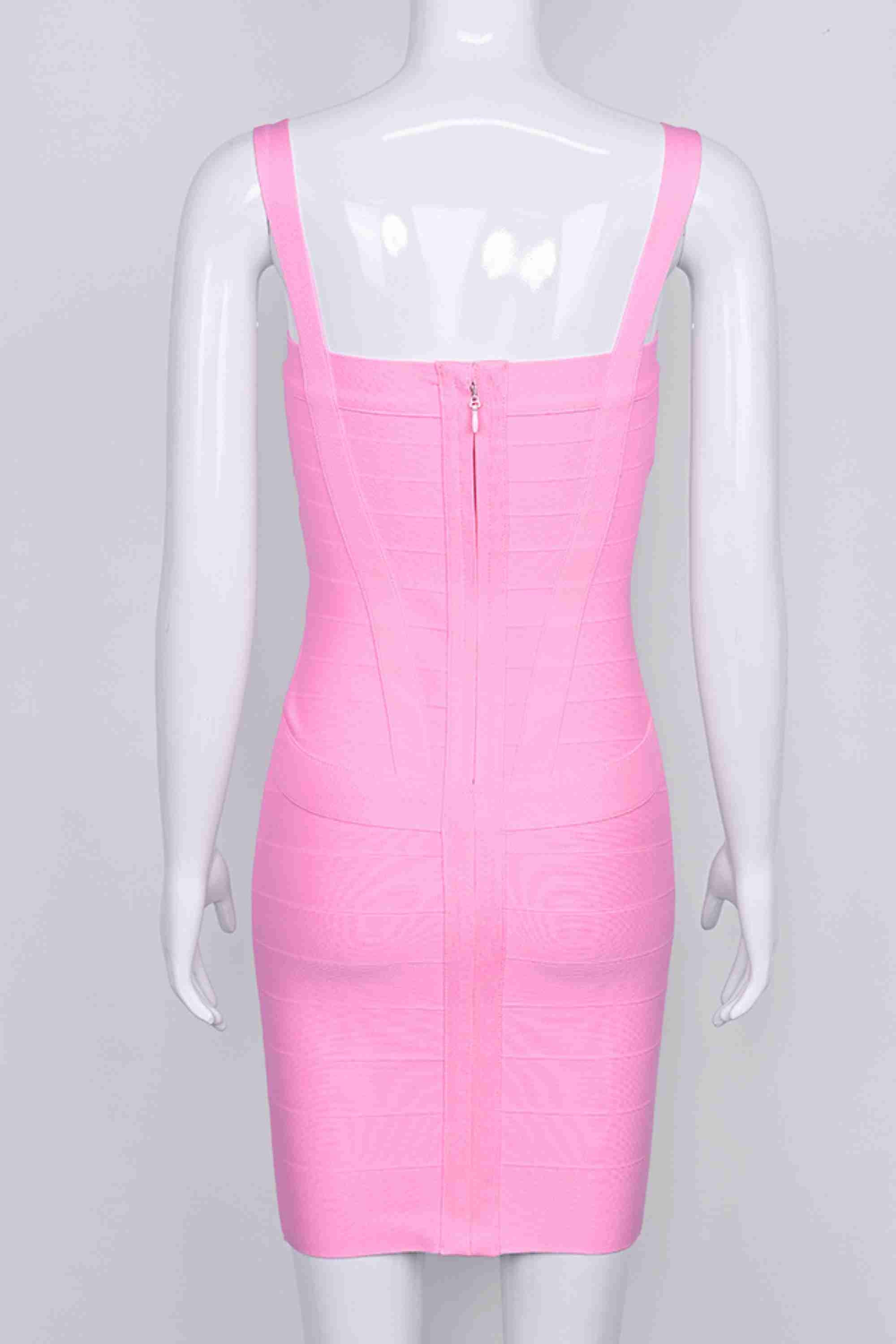 Woman wearing a figure flattering  Heidi Bandage Mini Dress - Dusty Pink Bodycon Collection