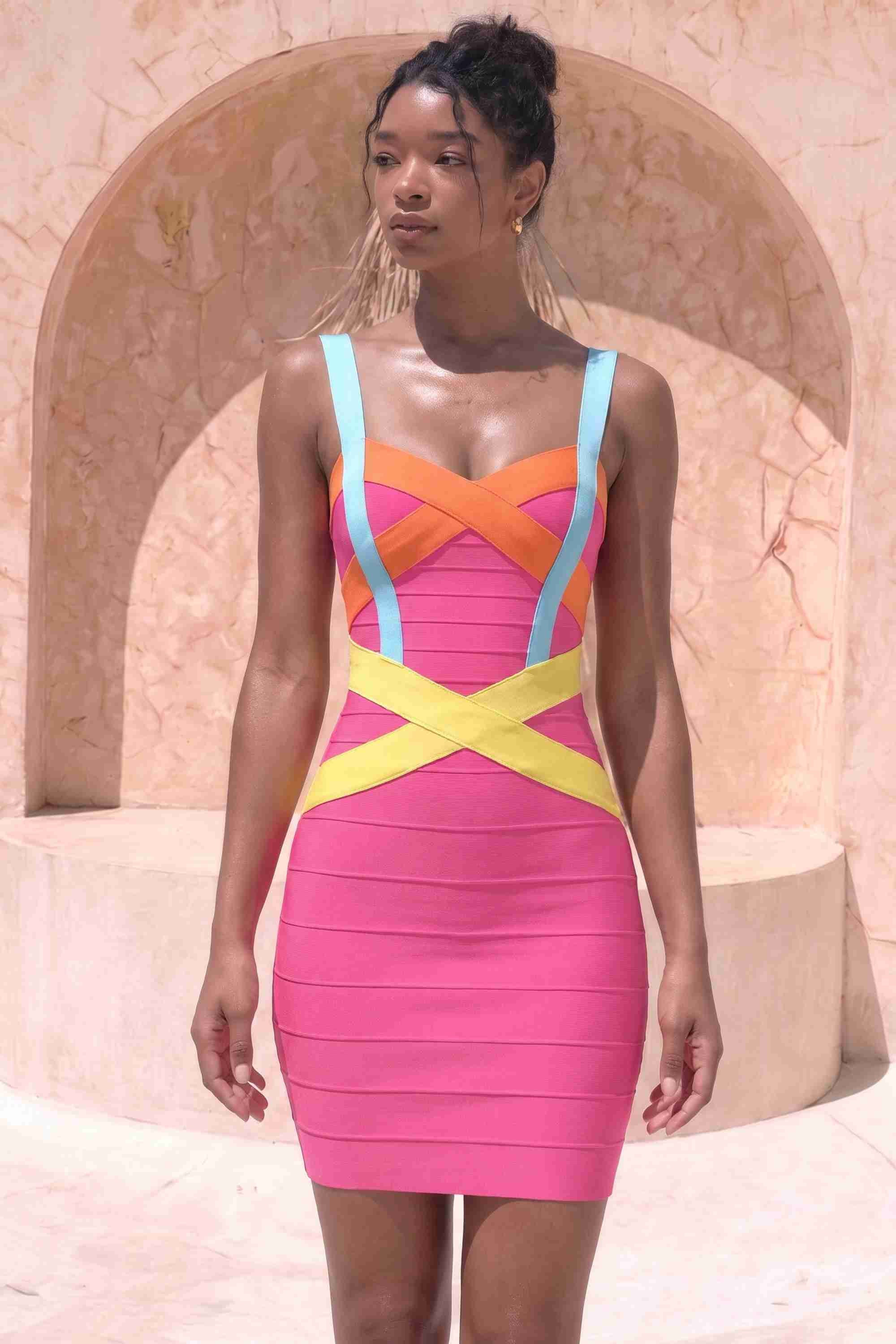 Woman wearing a figure flattering  Heidi Bandage Mini Dress - Hot Pink Bodycon Collection