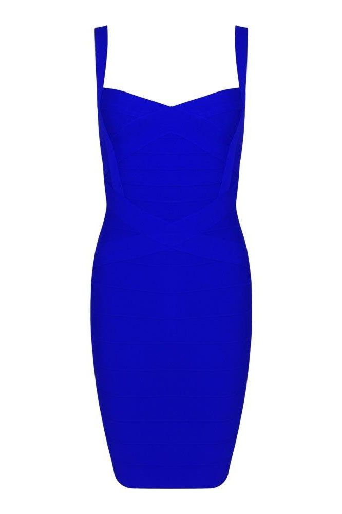 Woman wearing a figure flattering  Heidi Bandage Mini Dress - Royal Blue Bodycon Collection