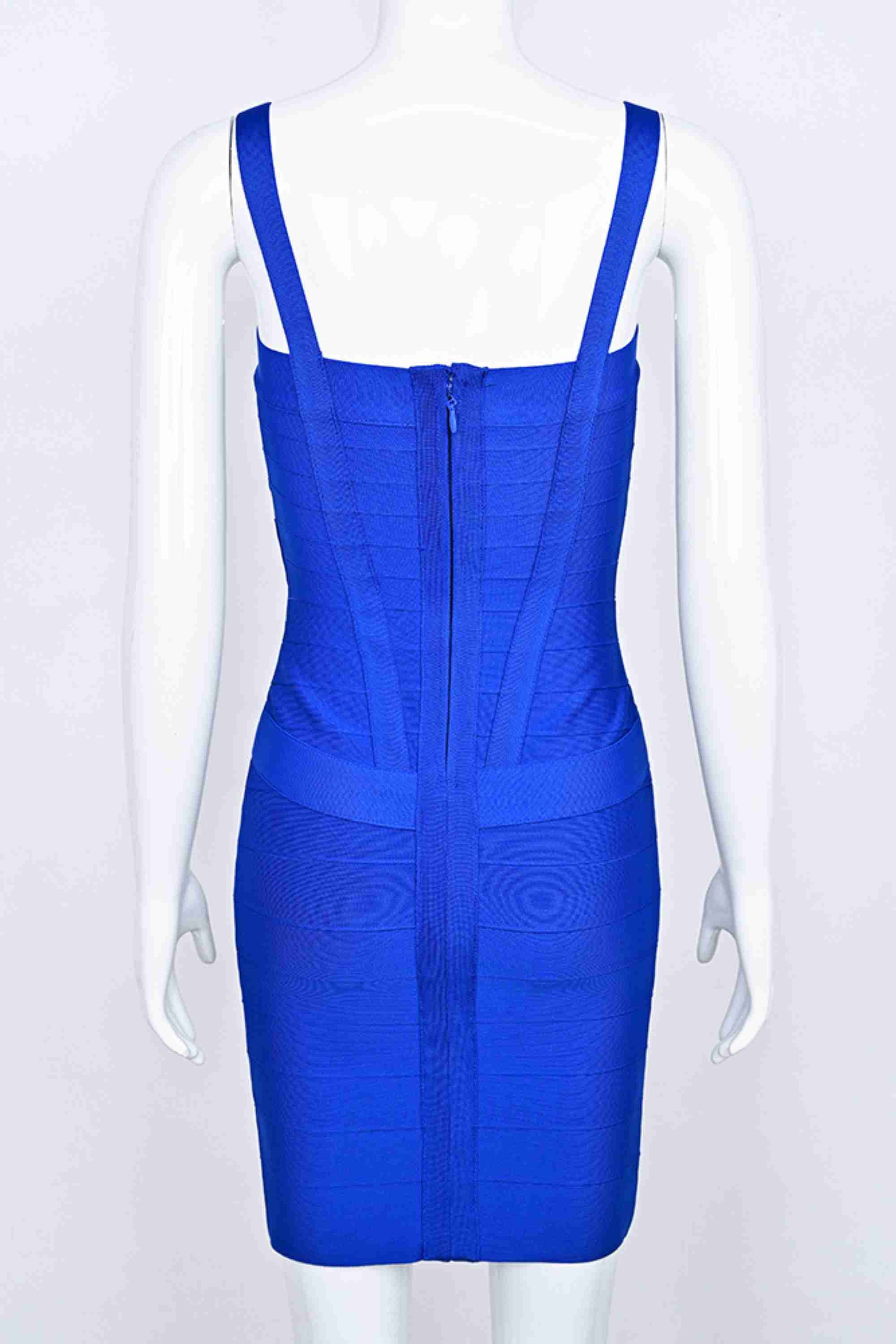 Woman wearing a figure flattering  Heidi Bandage Mini Dress - Royal Blue Bodycon Collection