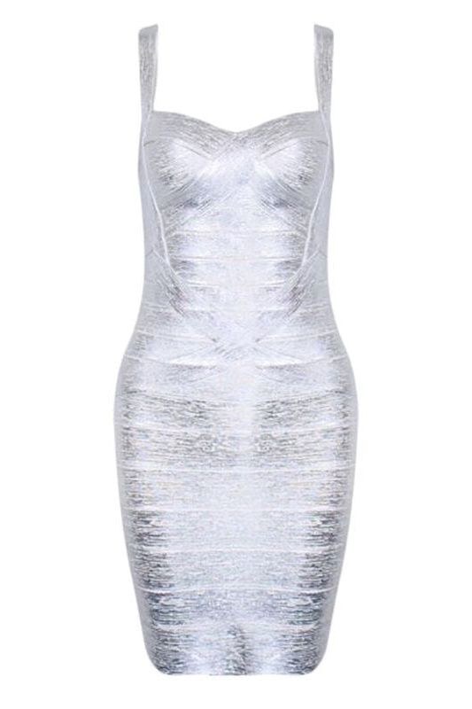 Woman wearing a figure flattering  Heidi Bandage Mini Dress - Silver Bodycon Collection