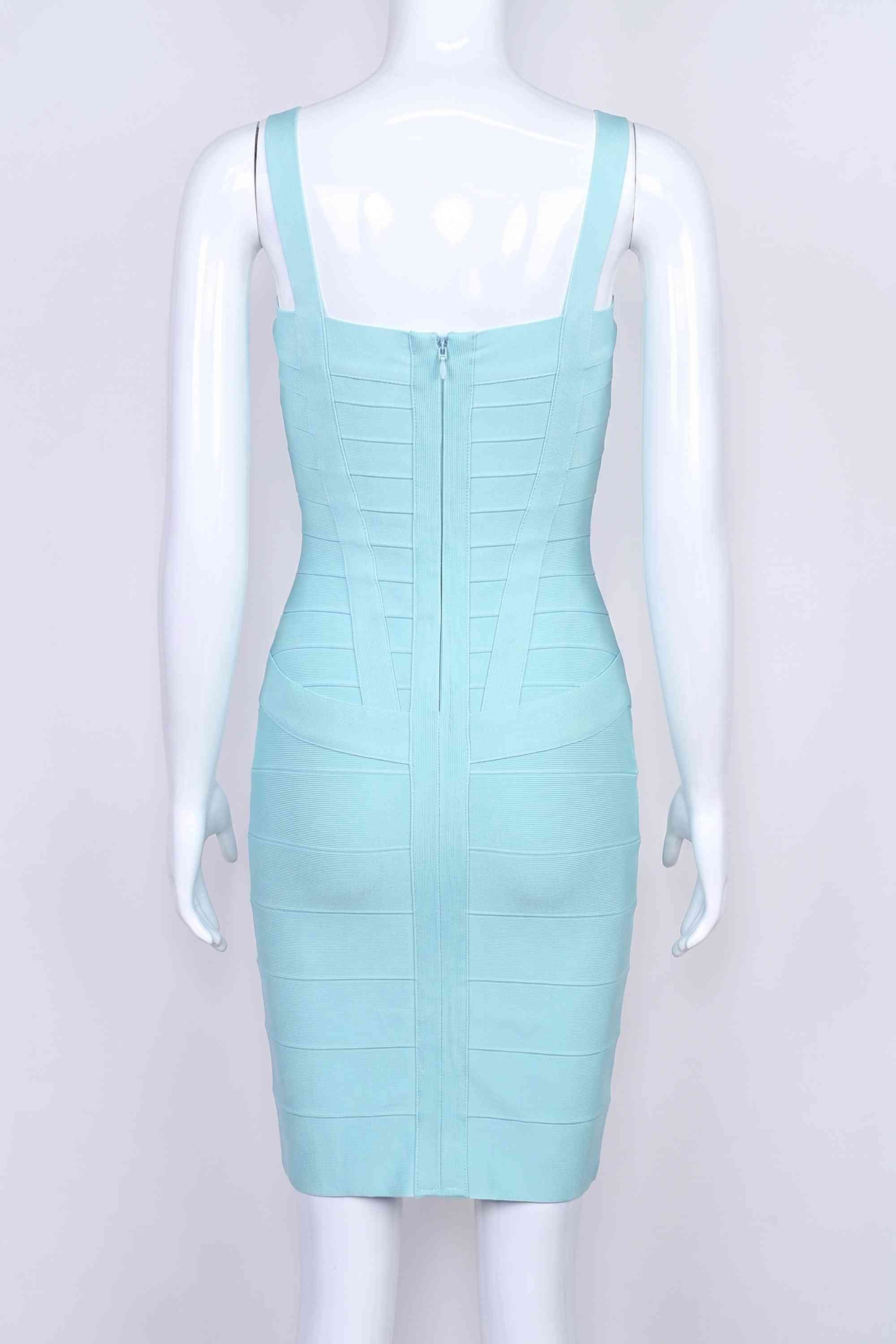 Woman wearing a figure flattering  Heidi Bandage Mini Dress - Sky Blue Bodycon Collection