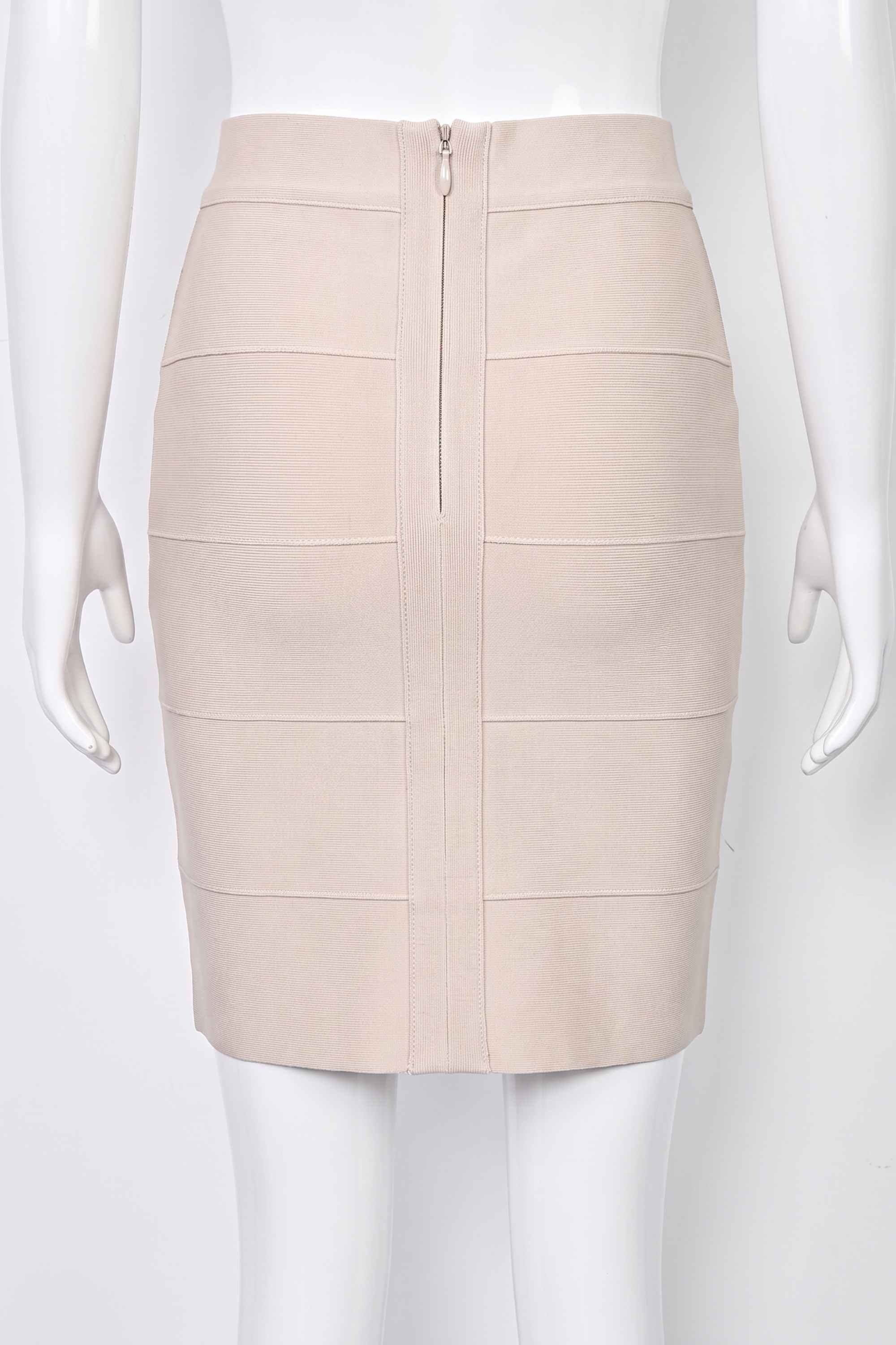 Woman wearing a figure flattering  High Waist Bandage Mini Skirt - Cream BODYCON COLLECTION
