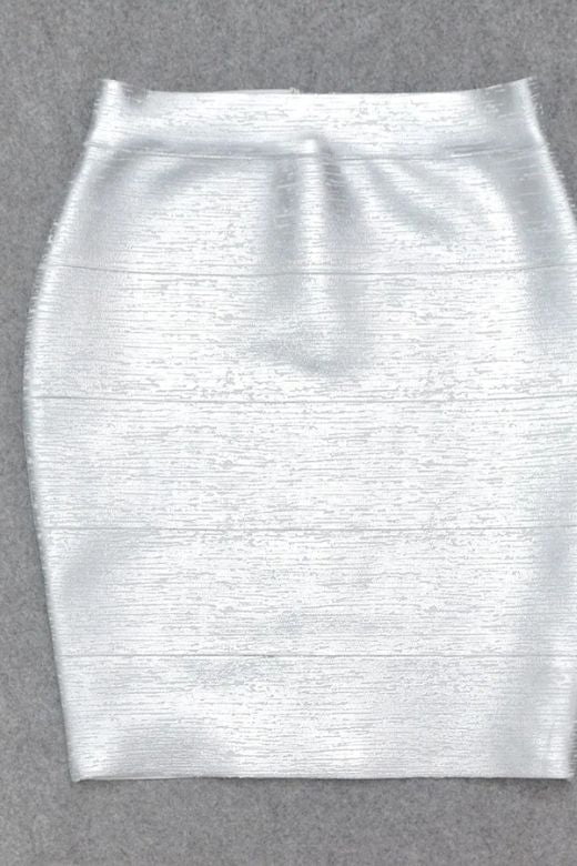 Woman wearing a figure flattering  High Waist Bandage Mini Skirt - Metallic Silver BODYCON COLLECTION