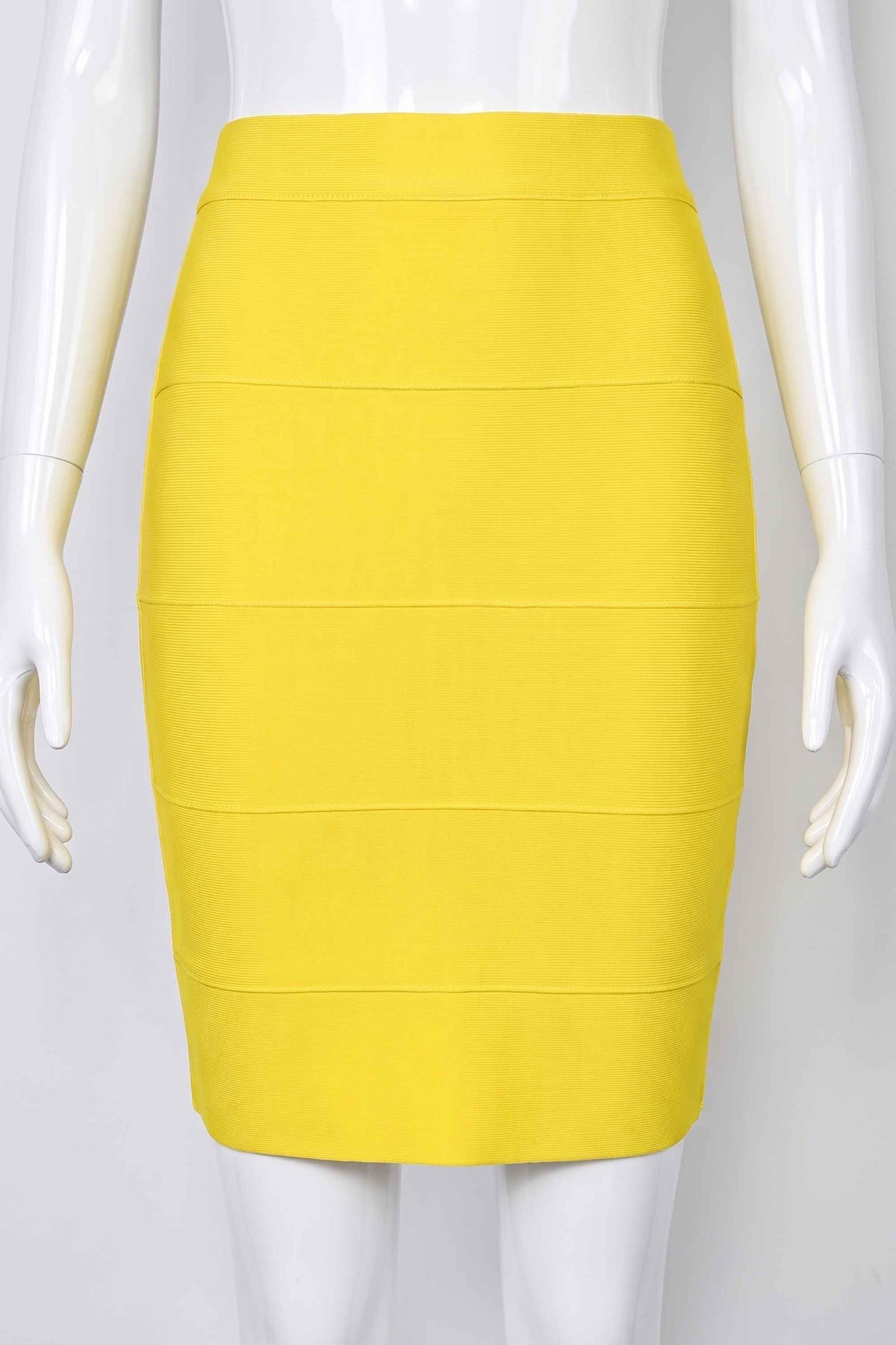 Woman wearing a figure flattering  High Waist Bandage Mini Skirt - Sun Yellow BODYCON COLLECTION