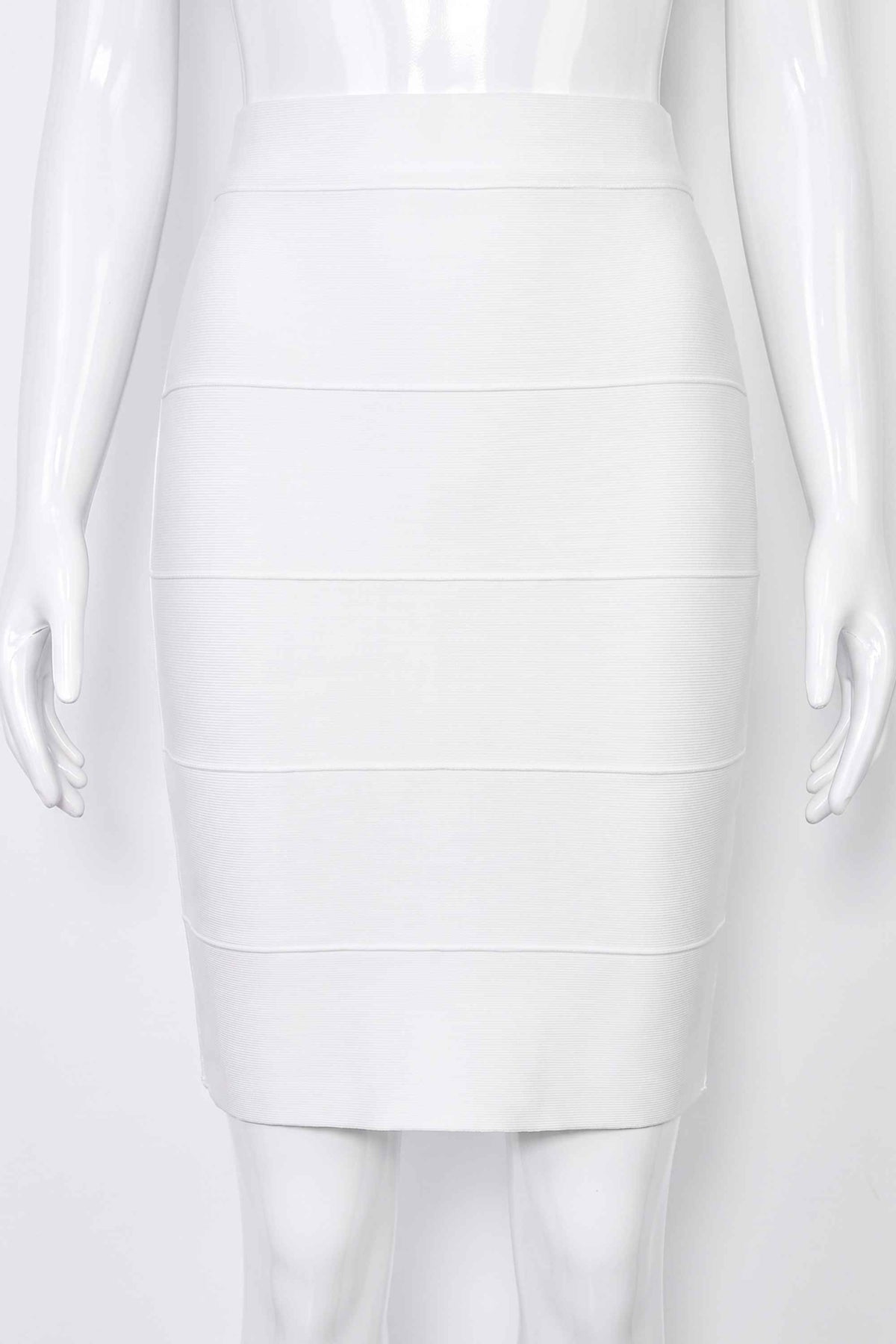 Woman wearing a figure flattering  High Waist Bandage Mini Skirt - White Pearl BODYCON COLLECTION