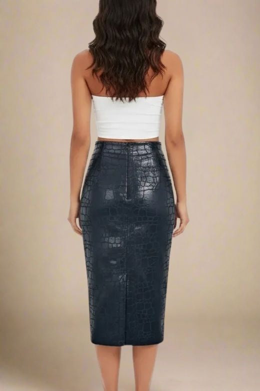Woman wearing a figure flattering  High Waist Leather Pencil Skirt Midi Length - Crocodile Black BODYCON COLLECTION Pty Ltd