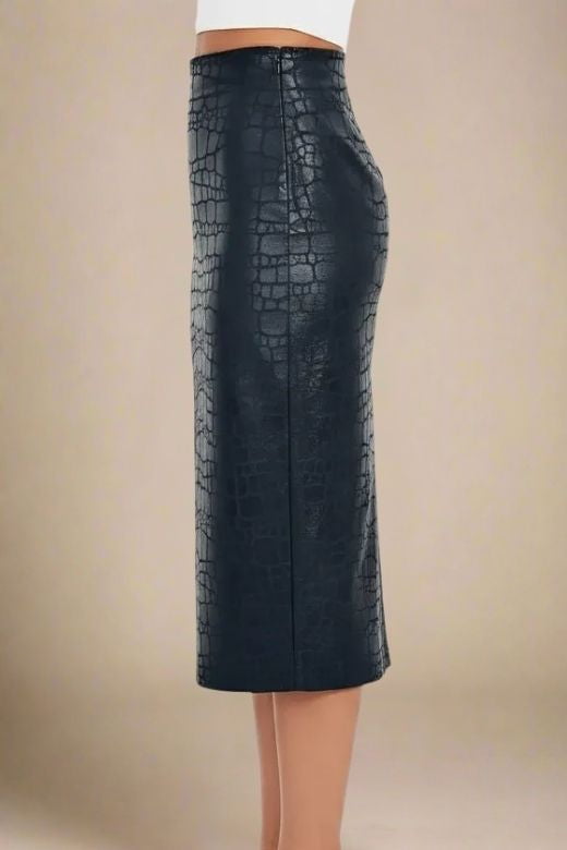 Woman wearing a figure flattering  High Waist Leather Pencil Skirt Midi Length - Crocodile Black BODYCON COLLECTION Pty Ltd