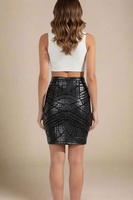 Woman wearing a figure flattering  High Waist Leather Pencil Skirt Mini Length - Crocodile Black BODYCON COLLECTION Pty Ltd