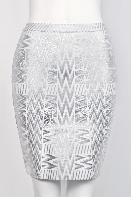Woman wearing a figure flattering  High Waist Metallic Leather Mini Skirt - Silver BODYCON COLLECTION