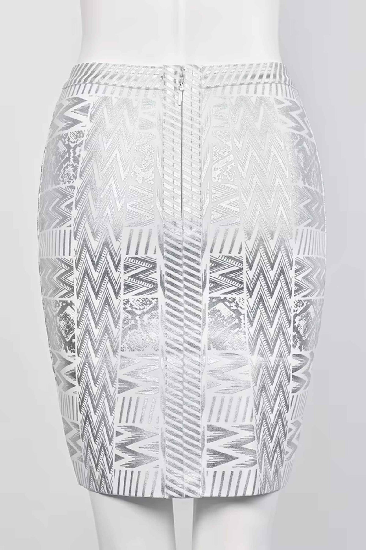 Woman wearing a figure flattering  High Waist Metallic Leather Mini Skirt - Silver BODYCON COLLECTION
