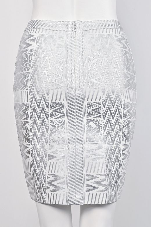 Woman wearing a figure flattering  High Waist Metallic Leather Mini Skirt - Silver BODYCON COLLECTION