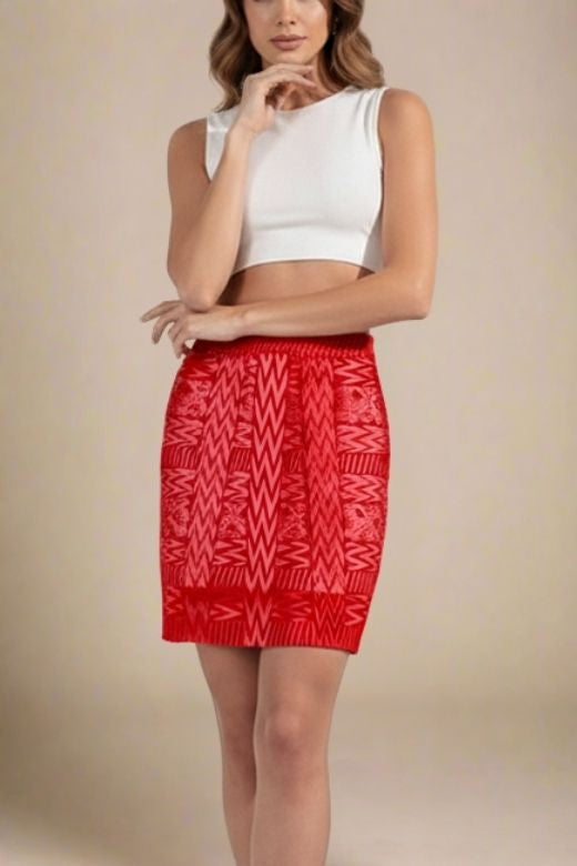 Woman wearing a figure flattering  High Waist Metallic Mini Skirt - Lipstick Red BODYCON COLLECTION