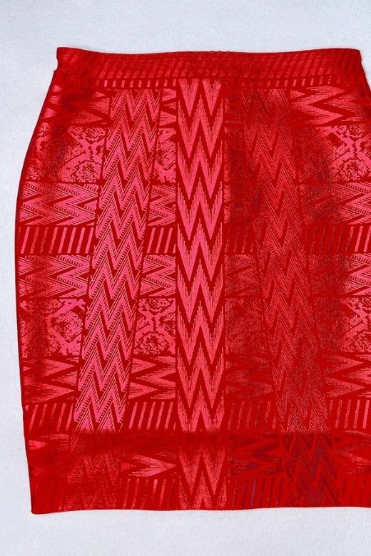 Woman wearing a figure flattering  High Waist Metallic Mini Skirt - Lipstick Red BODYCON COLLECTION