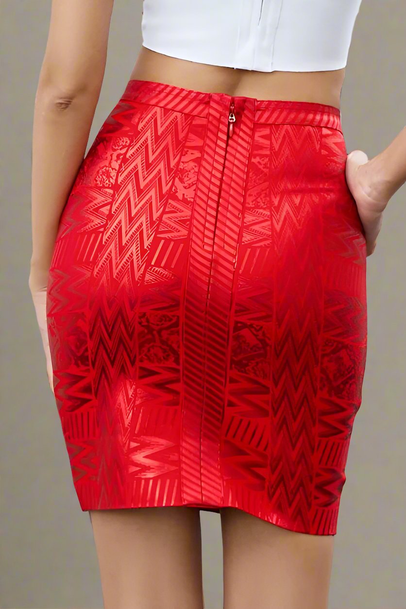 Woman wearing a figure flattering  High Waist Metallic Mini Skirt - Lipstick Red BODYCON COLLECTION