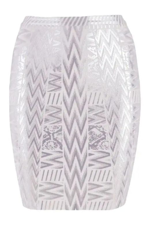 Woman wearing a figure flattering  High Waist Metallic Mini Skirt - Silver BODYCON COLLECTION