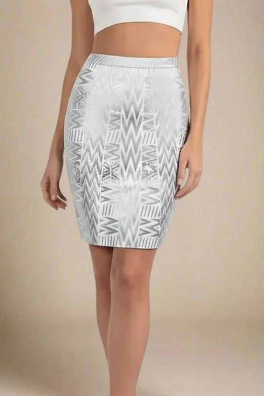 Woman wearing a figure flattering  High Waist Metallic Mini Skirt - Silver BODYCON COLLECTION