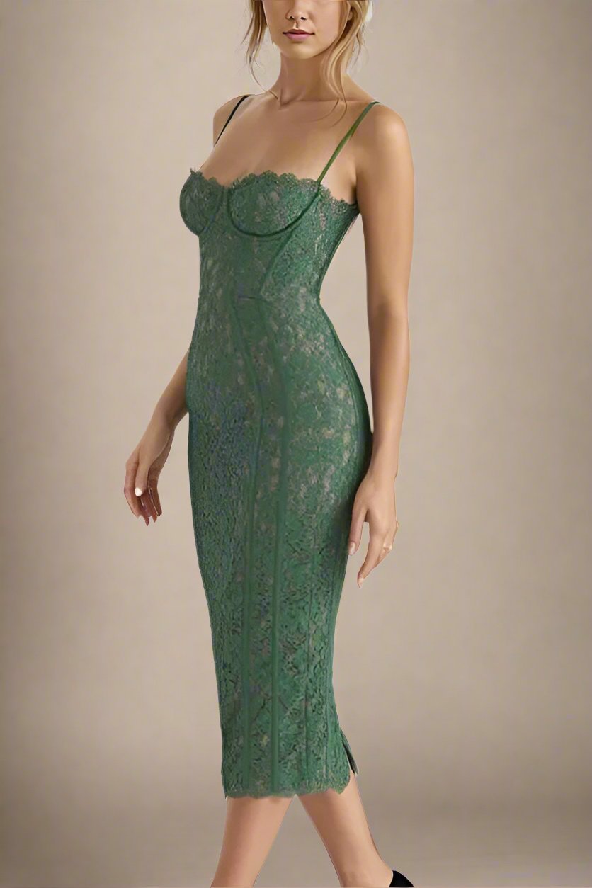 Woman wearing a figure flattering  Honor Bodycon Midi Dress - Emerald Green BODYCON COLLECTION