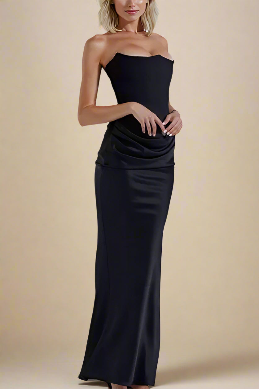 Woman wearing a figure flattering  Hope Bodycon Wrap Maxi Dress - Classic Black BODYCON COLLECTION