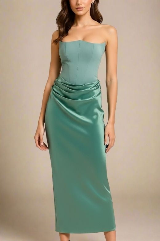 Woman wearing a figure flattering  Hope Bodycon Wrap Maxi Dress - Teal Green BODYCON COLLECTION