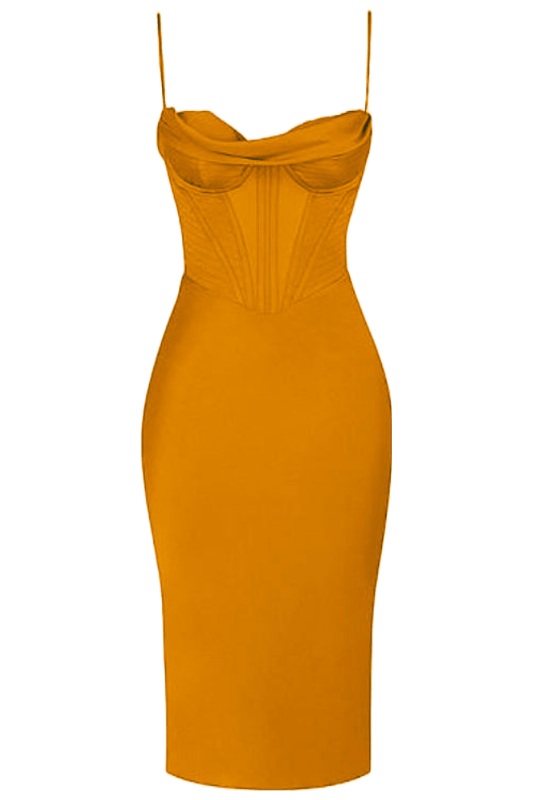 Woman wearing a figure flattering  Indi Bodycon Dress - Apricot Orange BODYCON COLLECTION