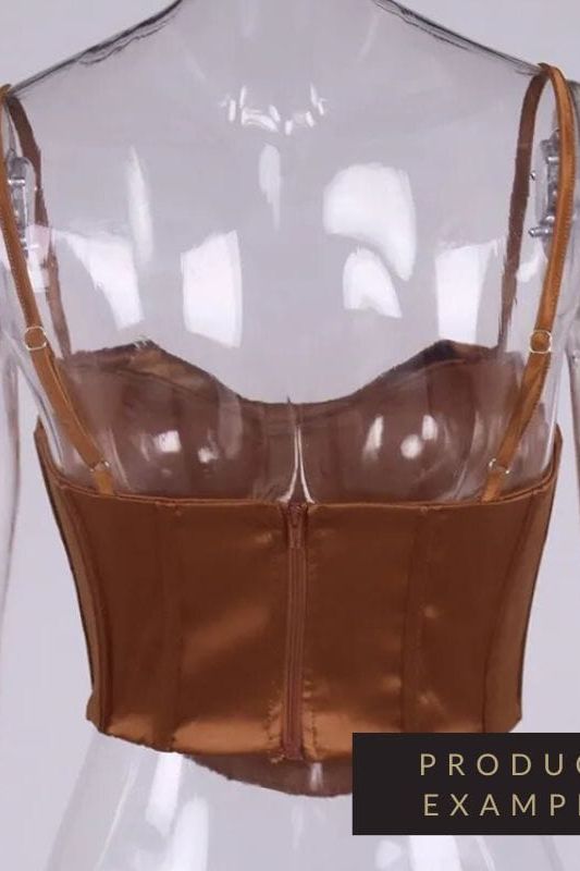 Woman wearing a figure flattering  Indi Corset Crop Top - Tan Brown BODYCON COLLECTION