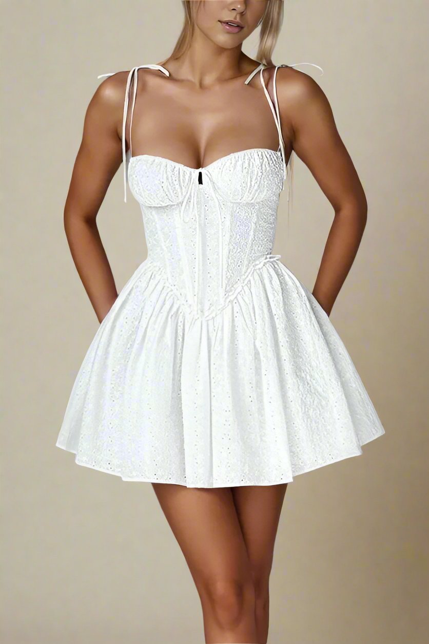 Woman wearing a figure flattering  Indiana Bodycon Mini Dress - Pearl White BODYCON COLLECTION