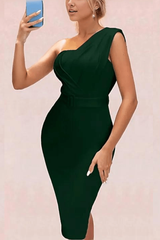 Woman wearing a figure flattering  Ione Bandage Midi Dress - Emerald Green BODYCON COLLECTION