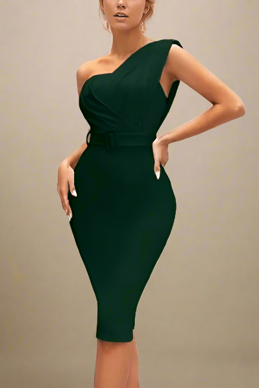Woman wearing a figure flattering  Ione Bandage Midi Dress - Emerald Green BODYCON COLLECTION