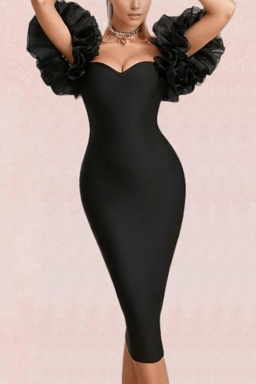 Woman wearing a figure flattering  Iris Bodycon Midi Dress - Classic Black BODYCON COLLECTION