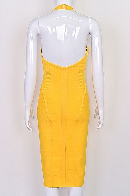 Woman wearing a figure flattering  Isabella Bandage Midi Dress - Mustard Yellow BODYCON COLLECTION Pty Ltd