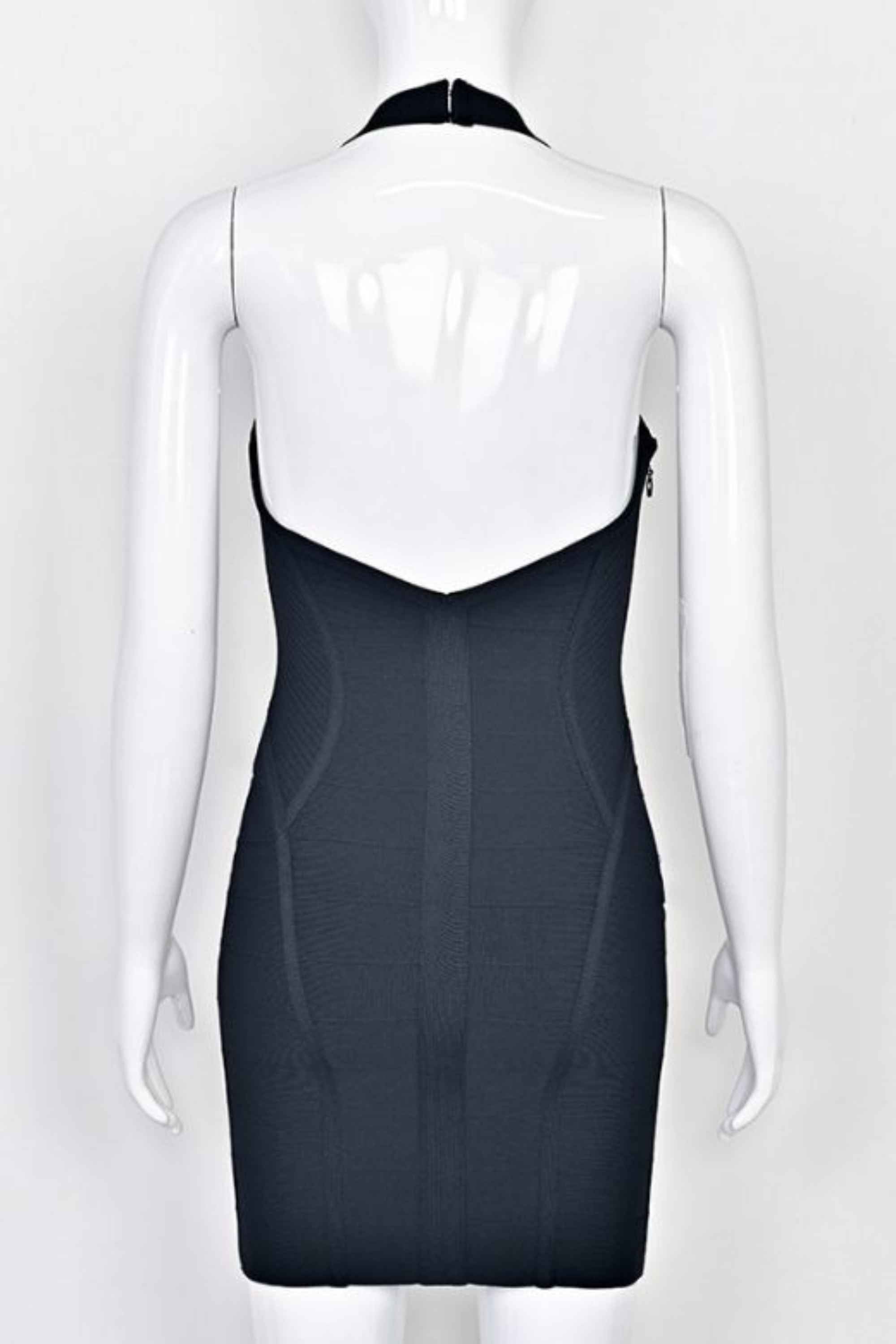 Woman wearing a figure flattering  Isabella Bandage Mini Dress - Classic Black BODYCON COLLECTION Pty Ltd