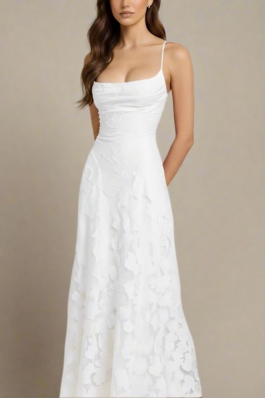 Woman wearing a figure flattering  Ivy Bodycon Maxi Dress - White Pearl BODYCON COLLECTION