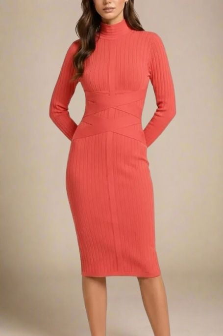 Woman wearing a figure flattering  Jane Long Sleeve Bodycon Midi Dress - Lipstick Red Bodycon Collection