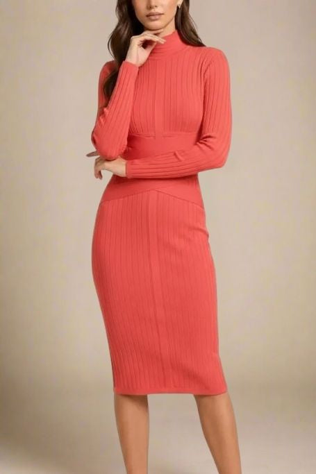 Woman wearing a figure flattering  Jane Long Sleeve Bodycon Midi Dress - Lipstick Red Bodycon Collection